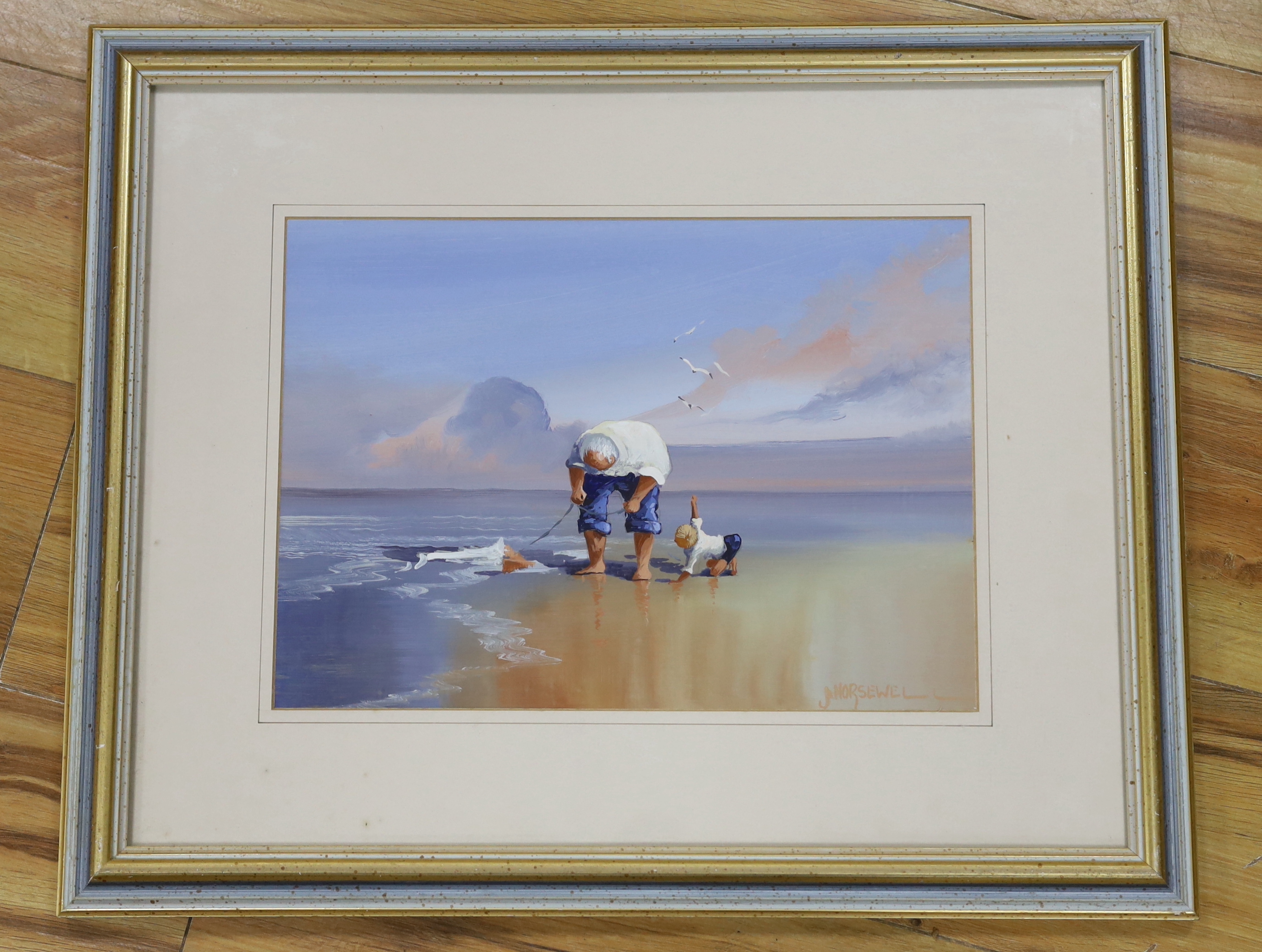 John Horsewell (b.1956) gouache, Beach scene with figures, 35 x 25cm